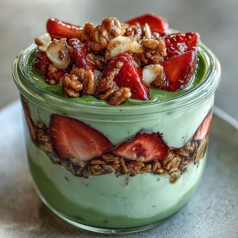 Vibrant strawberry matcha yogurt parfait with granola, showcasing creamy matcha layers and fresh strawberries.