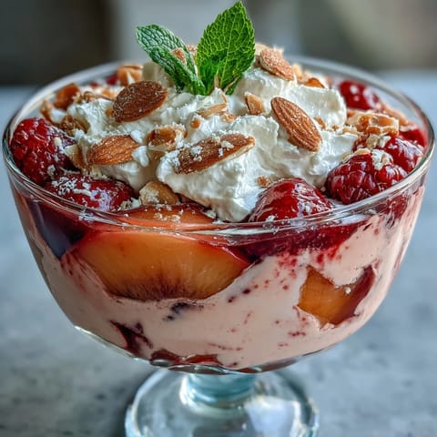 Light and refreshing dessert cups with fluffy yogurt, sweet peaches, and vibrant raspberry sauce, finished with golden toasted almonds for a delightful crunch.