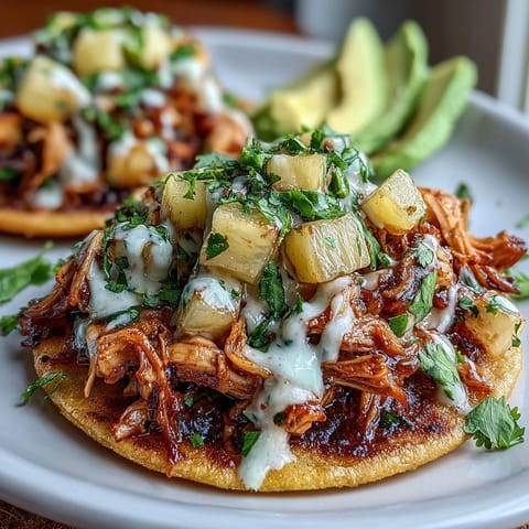 Crispy tostadas layered with seasoned chicken, zesty pineapple salsa, and creamy lime crema for a vibrant meal.