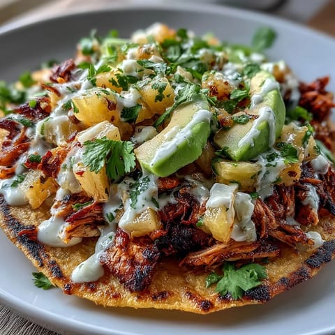Golden tostadas topped with shredded chicken, fresh pineapple salsa, and tangy lime crema for a refreshing dinner.
