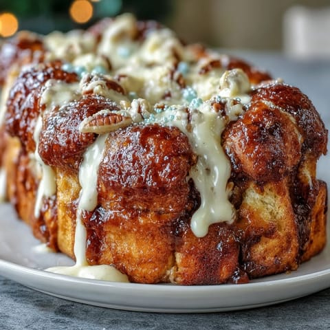 Warm King Cake-inspired monkey bread baked in a Bundt pan, featuring buttery biscuit pieces layered with cinnamon, brown sugar, and pecans, topped with rich cream cheese glaze.