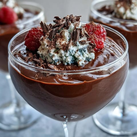 Velvety high-protein cottage cheese chocolate mousse topped with fresh berries and shaved dark chocolate.