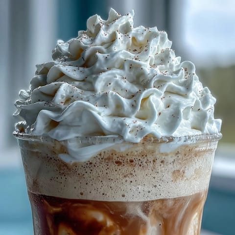 Creamy iced vanilla bean frappuccino with coconut whipped cream, perfect for a refreshing dairy-free treat.