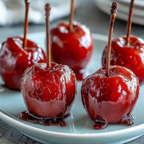 A colorful platter of mini candy apples on sticks, each coated in glossy red candy and ready for party fun.