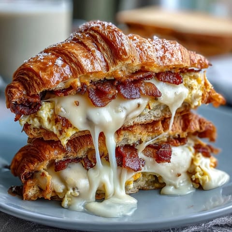 Flaky butter croissants filled with fluffy scrambled eggs and melted cheddar cheese — a delicious breakfast sandwich ready in minutes.