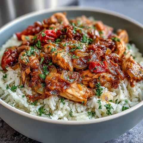 Crockpot Mississippi Chicken Rice Bowls with tender shredded chicken, zesty pepperoncini, and savory ranch flavors over fluffy rice.
