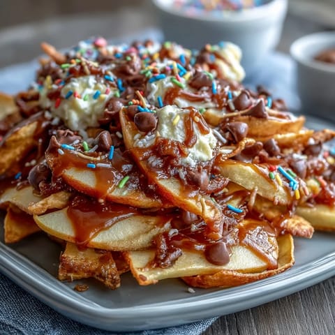 Candy Apple Nachos with Caramel Drizzle and Chocolate Chips: a vibrant dessert platter of crisp apple slices layered with gooey caramel, melted chocolate, and crunchy nuts.