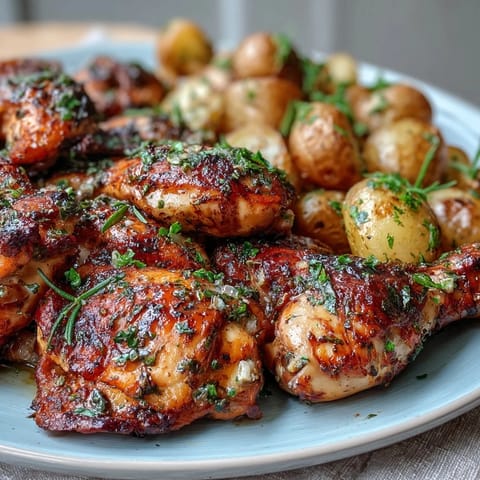 A golden roasted chicken infused with lemon and herbs, served with tender baby potatoes and fresh parsley garnish.  