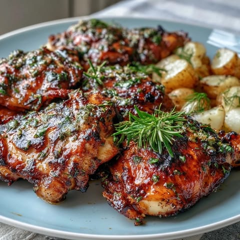 Herb-marinated lemon chicken with crispy skin, roasted alongside golden baby potatoes for a classic European main dish.  