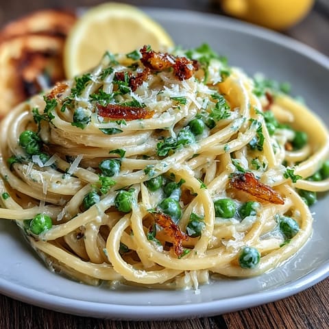 Bright spring pasta dish featuring tender peas, zesty lemon butter sauce, and Parmesan for a fresh vegetarian meal.