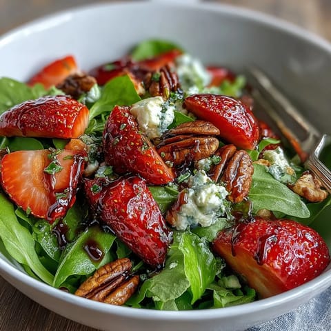 Spring Dinner Party Strawberry Arugula Salad with Balsamic Glaze: Vibrant arugula topped with sweet strawberries, creamy goat cheese, toasted nuts, and tangy balsamic drizzle.