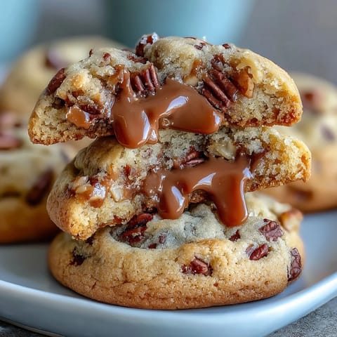 Decadent butter pecan cookies with caramel swirl, golden brown and loaded with toasted pecans.