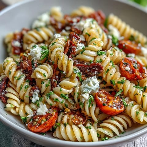 A colorful Greek pasta salad with olives and feta, featuring bright cherry tomatoes and crisp cucumbers.