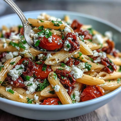 Mediterranean pasta salad with tangy feta and Kalamata olives, tossed with a zesty red wine vinaigrette.