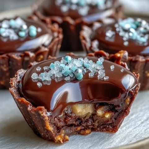 Indulgent chocolate cups with a salty pretzel crust and smooth peanut butter center, topped with a glossy chocolate layer and festive sprinkles.