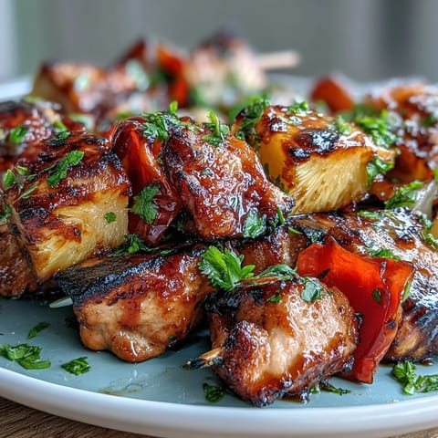 Colorful chicken and pineapple skewers grilled to perfection, offering a sweet and savory flavor combination.