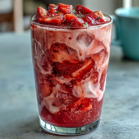 Vibrant Pink Starburst Refresher with fresh strawberries and creamy coconut milk, perfect for a sweet-tart summer treat.