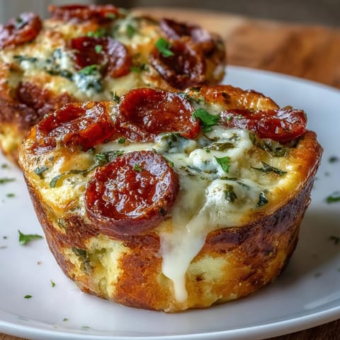 Golden-brown High-Protein Pepperoni Breakfast Cups, featuring baked eggs, melty mozzarella, and mini pepperoni, ready to serve warm for a savory morning meal.
