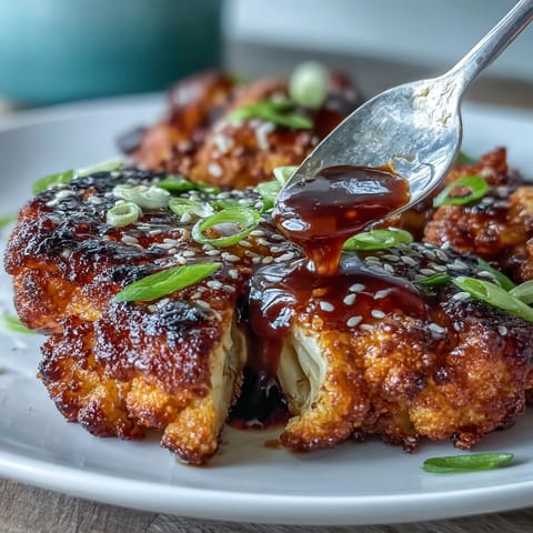 Golden teriyaki cauliflower steaks, brushed with sticky sauce, a delicious vegetarian main.
