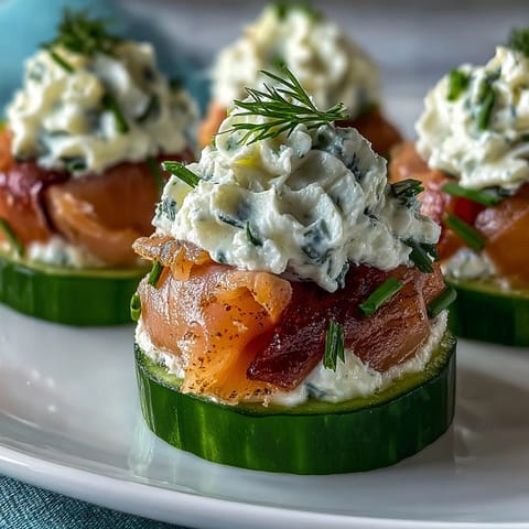 Elegant smoked salmon cucumber bites with creamy herbed cheese and fresh dill on crisp cucumber rounds. Perfect party appetizer.
