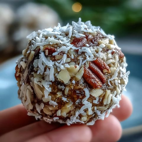 No-bake energy bites packed with grated carrots, cinnamon, and nutmeg, rolled in coconut for a cozy snack.  