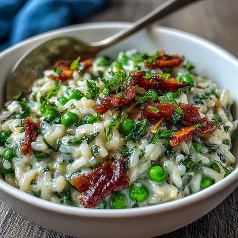 A creamy, vibrant spring pea risotto with fresh mint and Parmesan, perfect for celebrating the season.