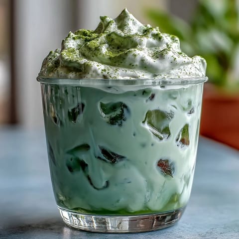 A creamy iced matcha latte with silky vanilla cold foam, perfect for Mother's Day brunch or afternoon refreshment.