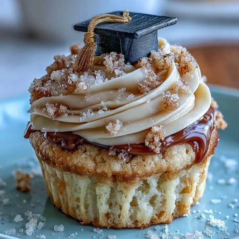 Festive graduation cupcakes with black and gold fondant caps on vanilla buttercream swirls.  