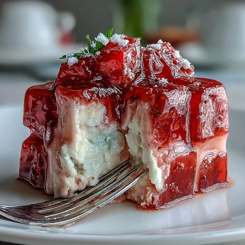 A vibrant mosaic of strawberry and rose gelatin cubes nestled in a creamy, silky base for an elegant dessert.  