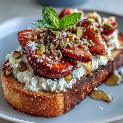 Golden toast topped with creamy ricotta, fresh strawberries, a drizzle of honey, and crunchy pistachios for a vibrant breakfast treat.