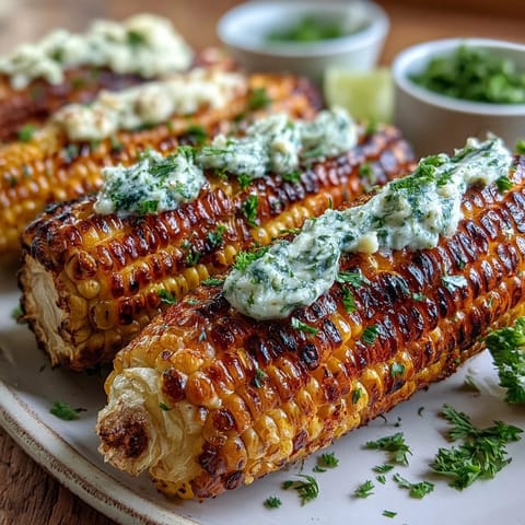 Memorial Day Grilled Corn with Herbed Butter 4 Ways, showcasing golden cobs charred to perfection on the grill.  