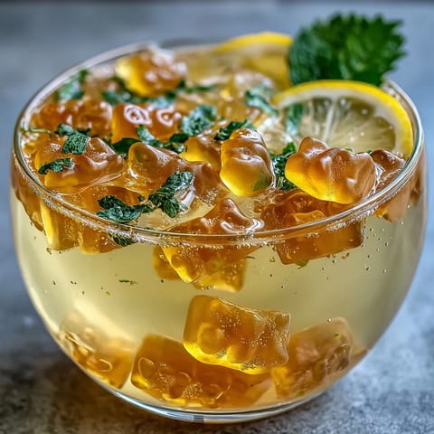 Vibrant gummy bear lemonade jelly cups with colorful candies suspended in tangy citrus gelatin, garnished with fresh mint and lemon slices for a playful summer treat.