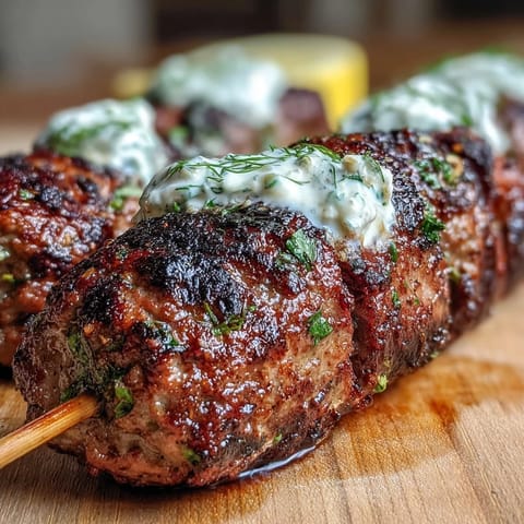 Grilled lamb kofta skewers with aromatic spices and creamy tzatziki sauce, perfect for summer gatherings.  