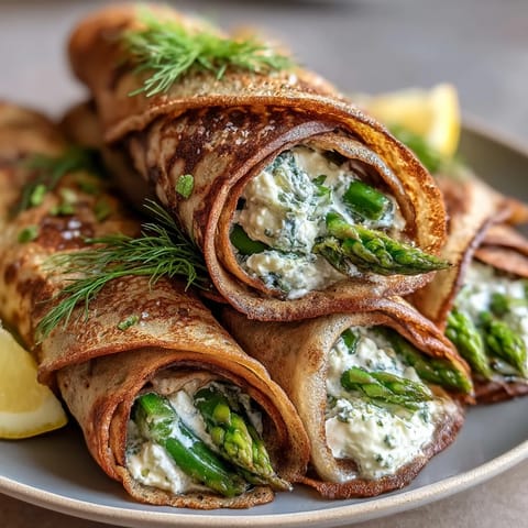 Spring buckwheat crepes filled with fresh spring vegetables and herbed cheese, served warm for a light lunch or elegant brunch.