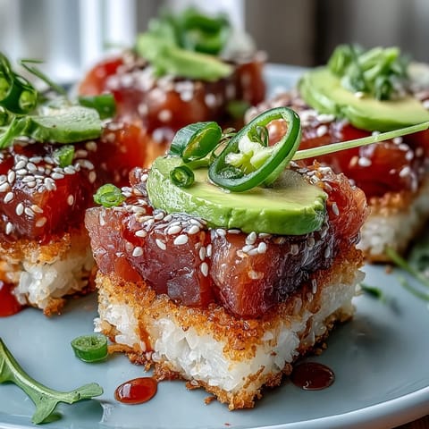 Spicy Tuna Crispy Rice Bites: golden squares topped with vibrant tuna and creamy avocado.