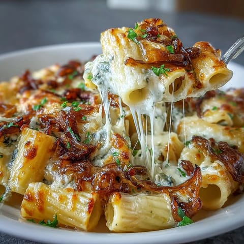 Golden French Onion Pasta Bake with bubbly Gruyère cheese, ready to serve.