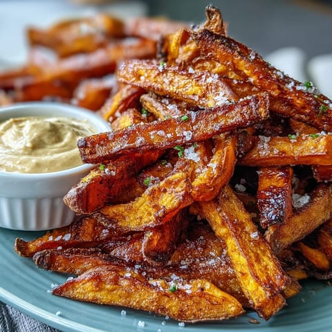 Perfectly crispy air fryer sweet potato fries ready for dipping in smoky aioli.