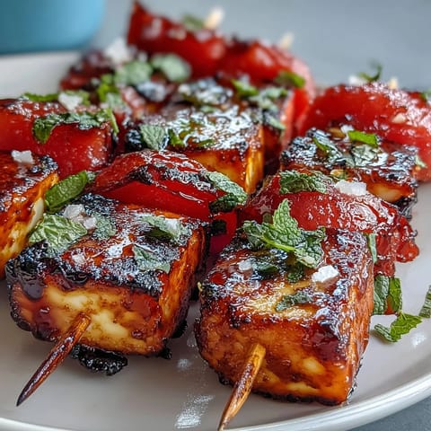 Enjoy these Grilled Halloumi and Watermelon Skewers with fresh mint, perfect for summer.