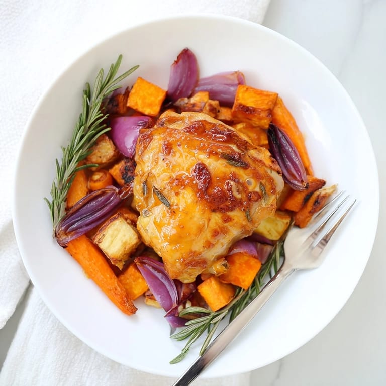 Close-up of glistening Honey-Glazed Chicken with Roasted Root Vegetables, ready for a flavorful, healthy family dinner.