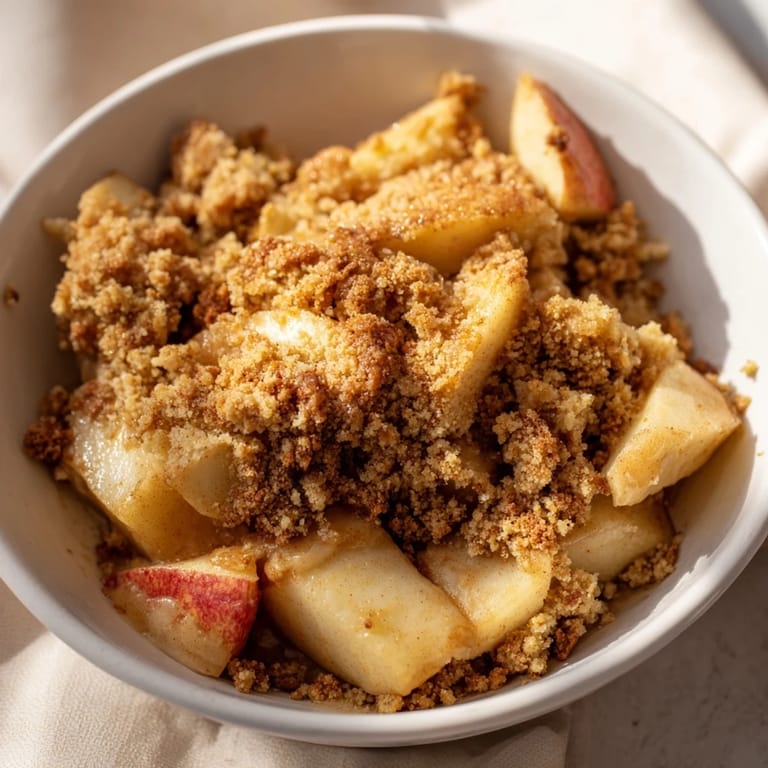 Enjoy a close-up of warm, rustic apple and cinnamon crumble, best served with vanilla ice cream.