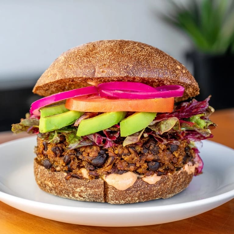 Golden-brown Zesty Black Bean Burgers feature creamy avocado slices, fresh toppings, and a perfect toasted bun.