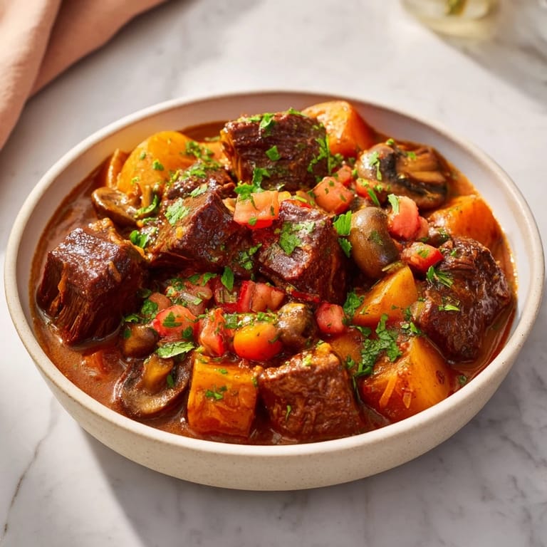 A close up shot of a hearty bowl of beef stew next to fresh, golden homemade bread slices.