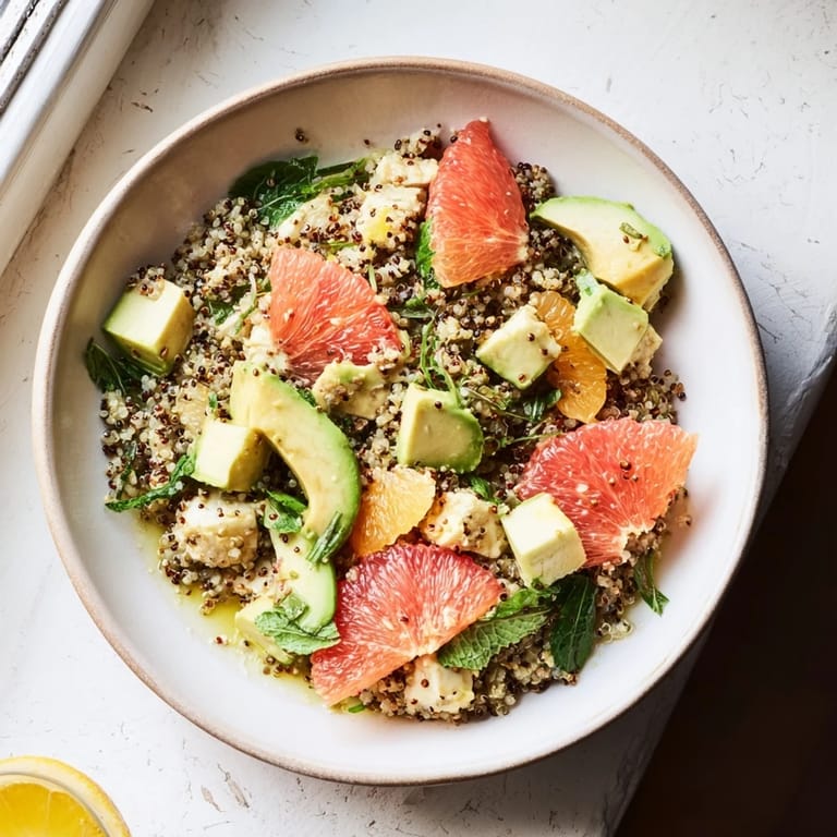 A close-up view of a beautifully colorful Fresh Citrus & Avocado Quinoa Bowl, so delicious looking.