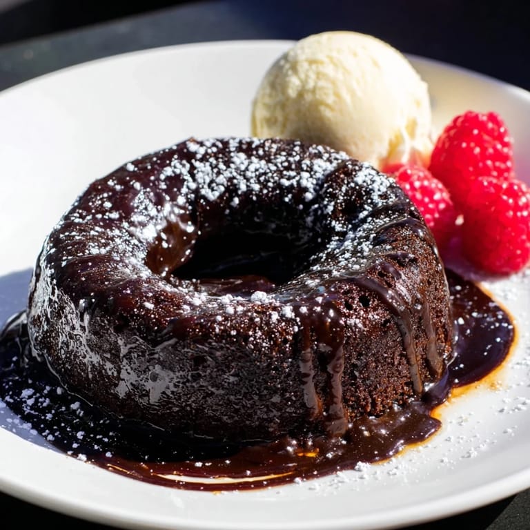A close-up of a dark chocolate lava cake, showcasing its molten interior pouring over the plate.