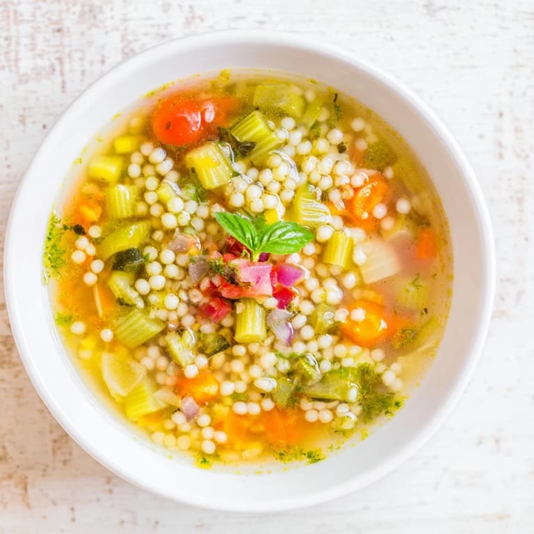 A view of a warm, comforting bowl of simple homemade grain and vegetable soup, perfect for a cozy dinner.