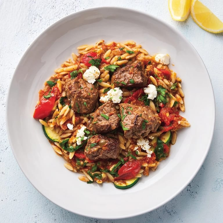 Imagine the aroma: This Smoky Mediterranean Lamb and Orzo Supper blends spices with fresh parsley and feta.