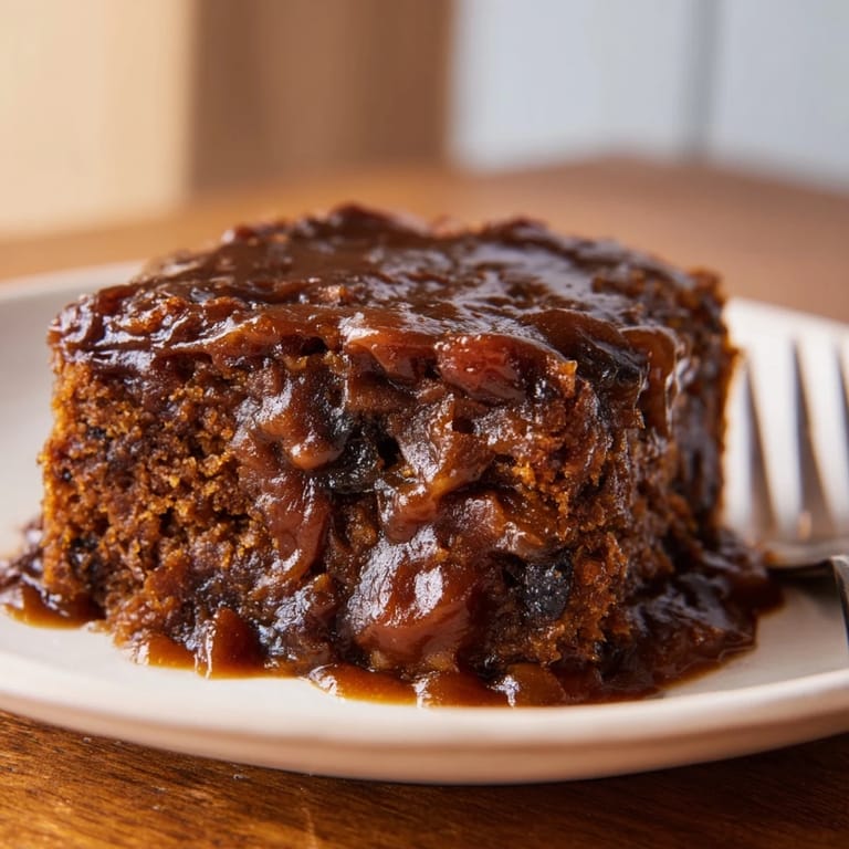 A close-up of a steaming, golden Weekend Cabin-Style Sticky Toffee Pudding, its date-studded center visible.