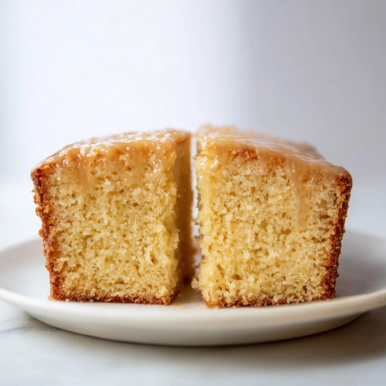 A warm slice of Soft Glow Golden Honey Pound Cake, perfect with a dollop of whipped cream.