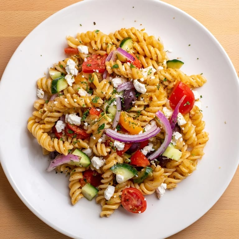 This Mediterranean Olive Oil and Feta Pasta Salad features vibrant colors of tomatoes and olives, tossed beautifully.