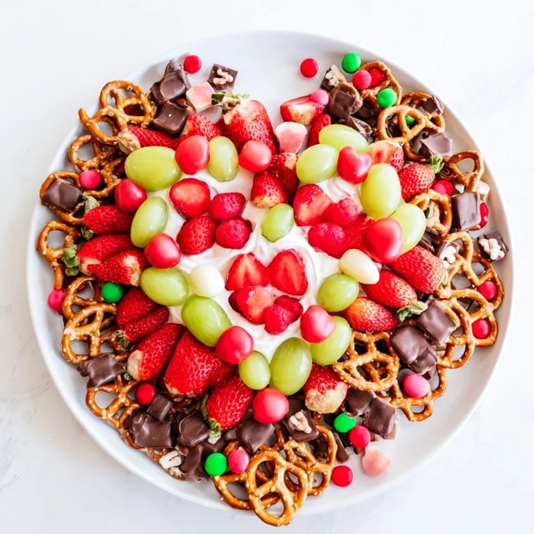 A festive pretzel board crafted as a Grinch Heart, with pretzels, dips, and colorful candies for everyone to enjoy.